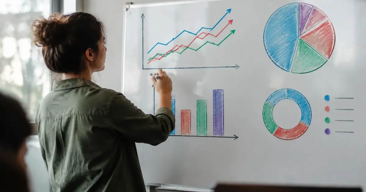 Diagramme economique sur tableau blanc avec indicateurs visualises