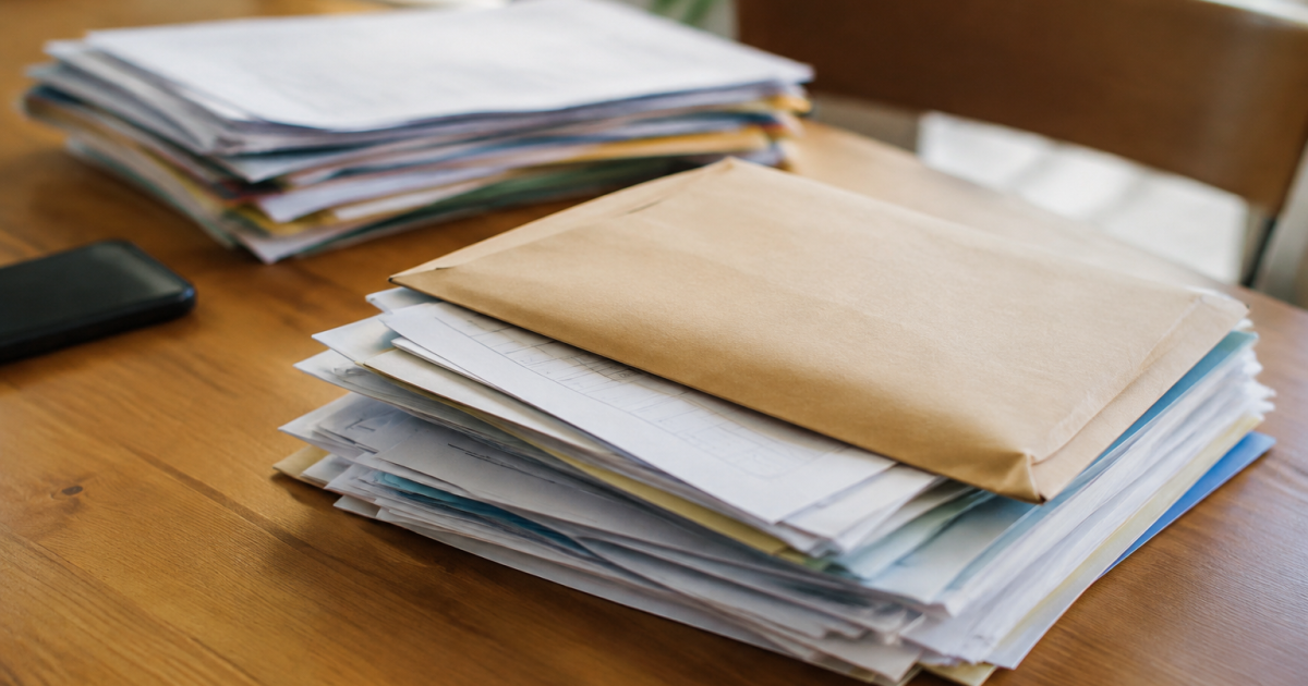 Documents administratifs empiles sur table bois couleur miel