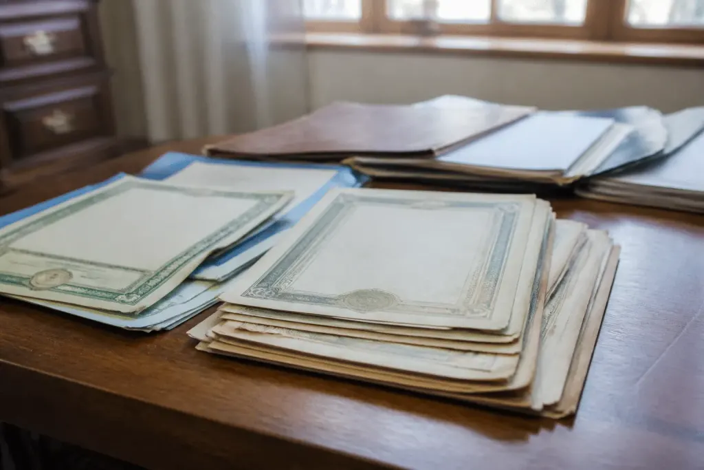 Documents financiers et certificats d'actions empilés sur bureau